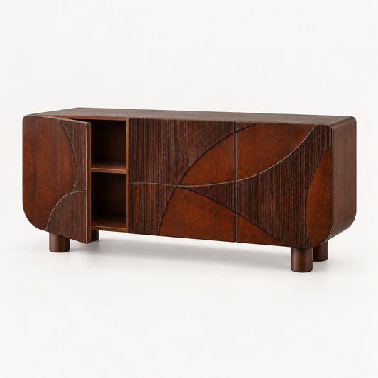 Curved Fluted Wooden Sideboard in dark walnut finish – angled side studio view
