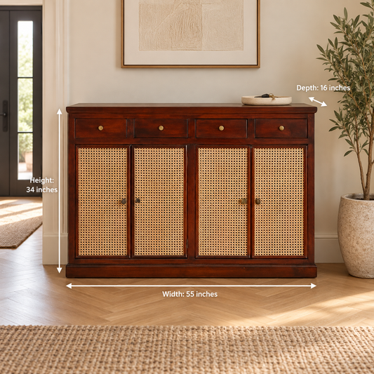 Dark Walnut Four-Door Cane Shoe Cabinet dimensions: 55″ W × 16″ D × 34″ H (approx. 140 × 41 × 86 cm)