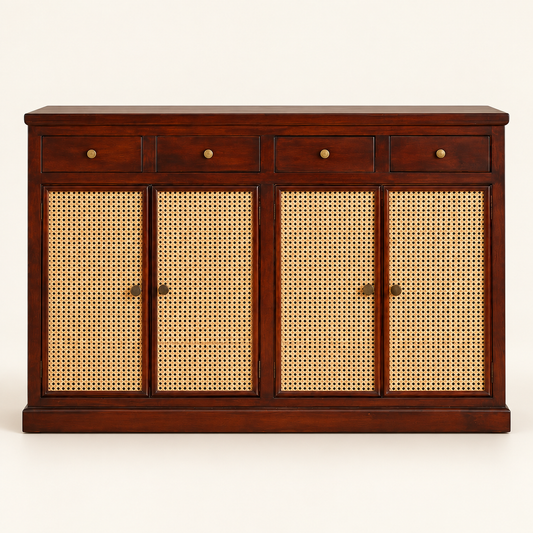 Dark Walnut Four-Door Cane Shoe Cabinet clean front studio view in dark walnut finish