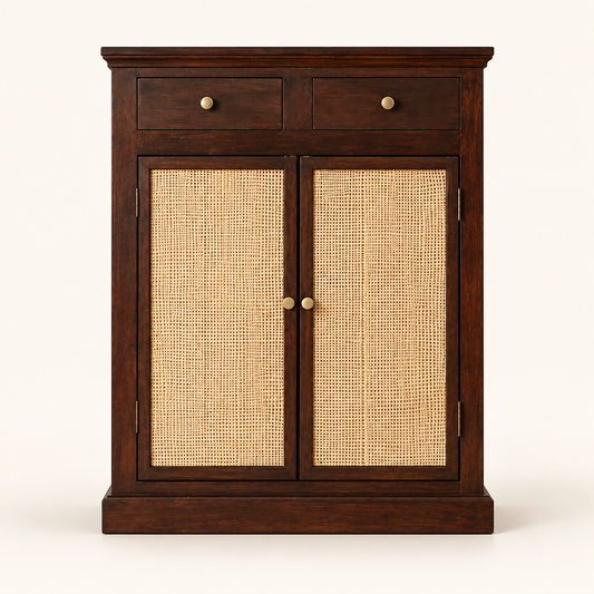 Dark Walnut Two-Door Cane Shoe Cabinet clean front studio view in dark walnut finish