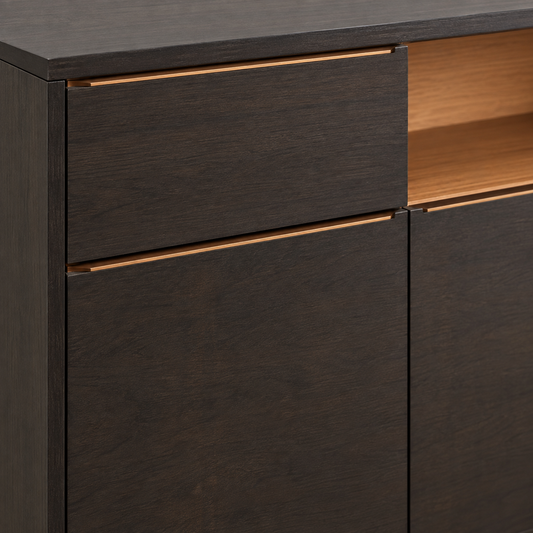 Dark Wooden Sideboard with Open Shelf in dark walnut finish – material and detail close-up