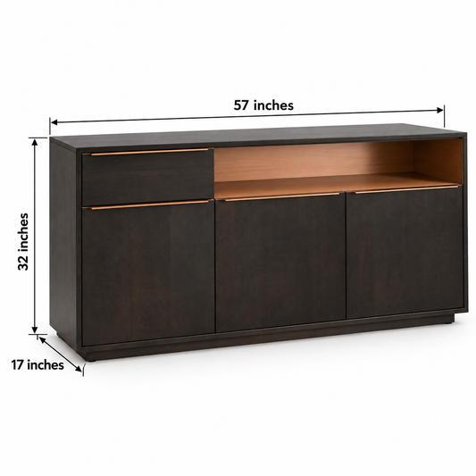 Dark Wooden Sideboard with Open Shelf in dark walnut finish – dimensions 48 × 17 × 37 inches, width × depth × height