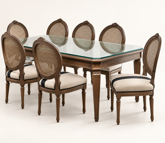 Teak Wood Dining Set with Cane-Back Chairs – studio (glass shown is not included)
