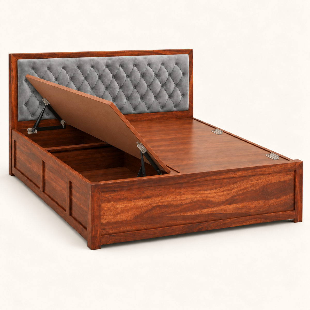 A wooden storage bed with a raised platform, featuring a tufted gray upholstered headboard and an open lift-up bed frame to show the storage compartment, set against a plain off-white background.