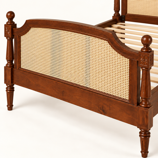Heritage Cane Wooden Bed in teak wood — close-up of footboard