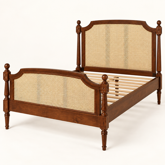 Heritage Cane Wooden Bed in teak wood — side studio view of bare frame