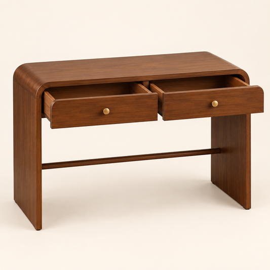 Teak wood study table with two functional drawers open