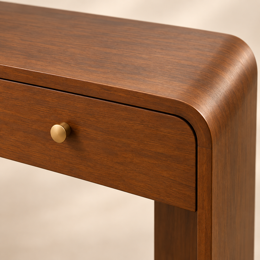 Teak wood grain, drawer construction and brass-finish knob detail