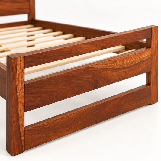 Horizontal Panel Wooden Bed in teak wood — close-up of footboard