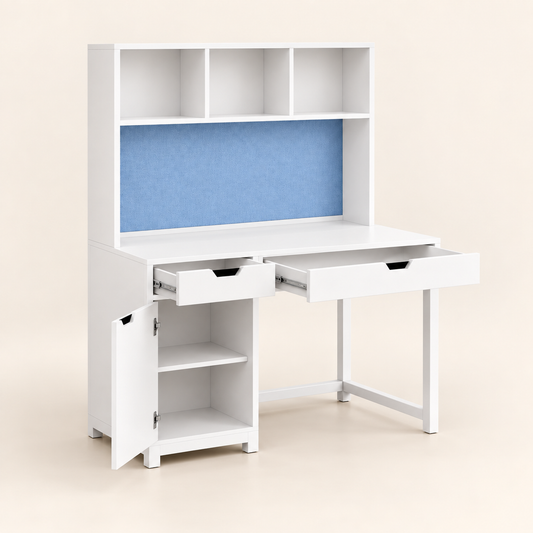 Kids study table showing drawers, cabinet shelves and bookshelf storage