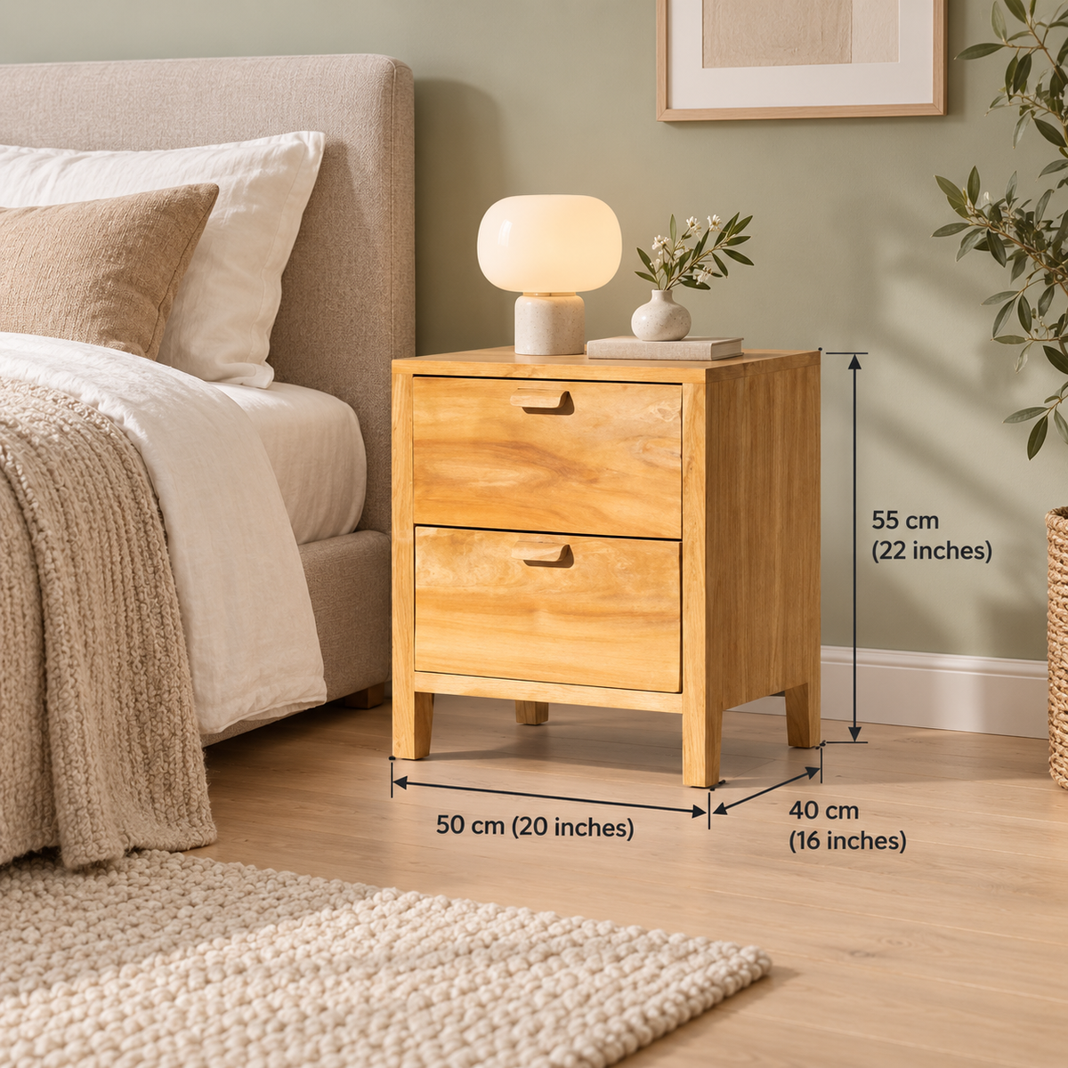 Light Finish Bedside Table with Two Drawers dimensions: 50 cm W × 40 cm D × 55 cm H