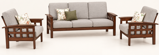 Light Grey Grid-Arm Teak Wood Sofa Set (3+1+1) angled view view