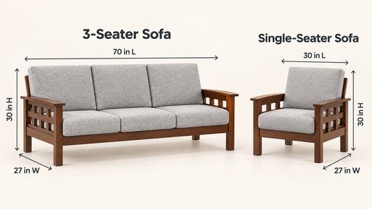 Light Grey Grid-Arm Teak Wood Sofa Set (3+1+1) dimensions view