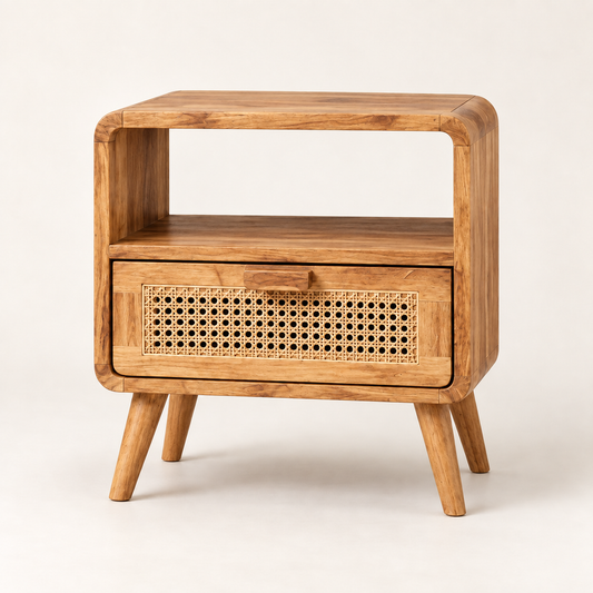 Light Sheesham wood bedside table with cane door by Latest Furniture