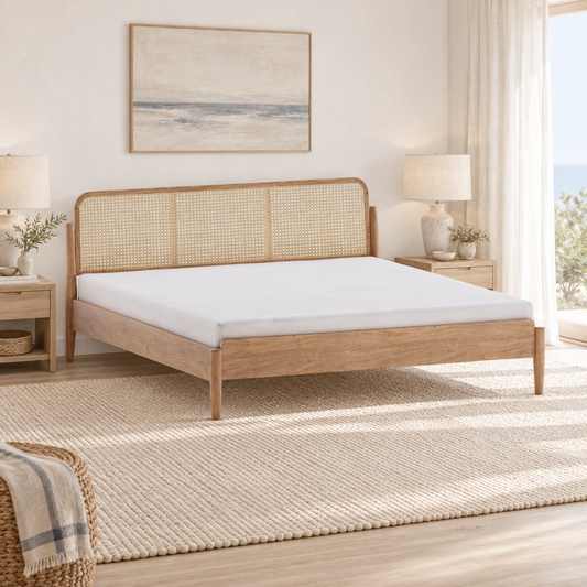 Light Wood Cane Bed in teak wood — side view styled in bedroom