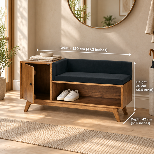 Medium Walnut Shoe Storage Bench with Backrest dimensions: 120 cm W × 42 cm D × 60 cm H (47.2″ × 16.5″ × 23.6″)