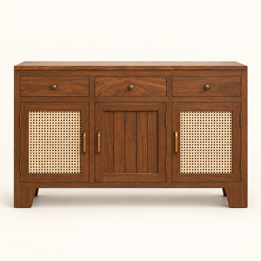 Medium Walnut Three-Door Cane Shoe Cabinet clean front studio view in medium walnut finish