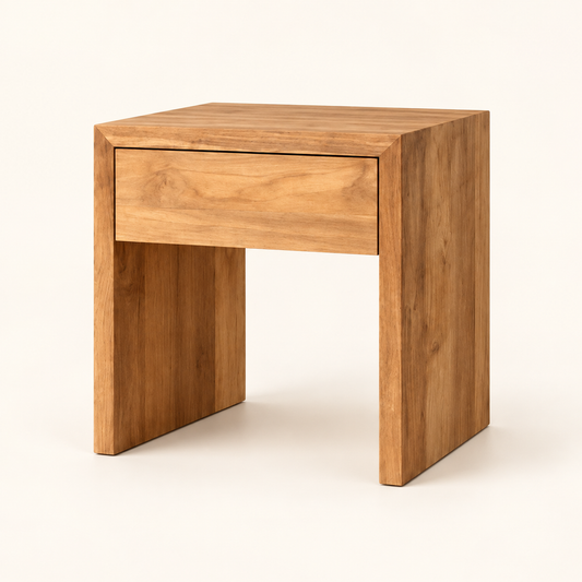 Minimal Bedside Table with Single Drawer clean studio view with storage closed