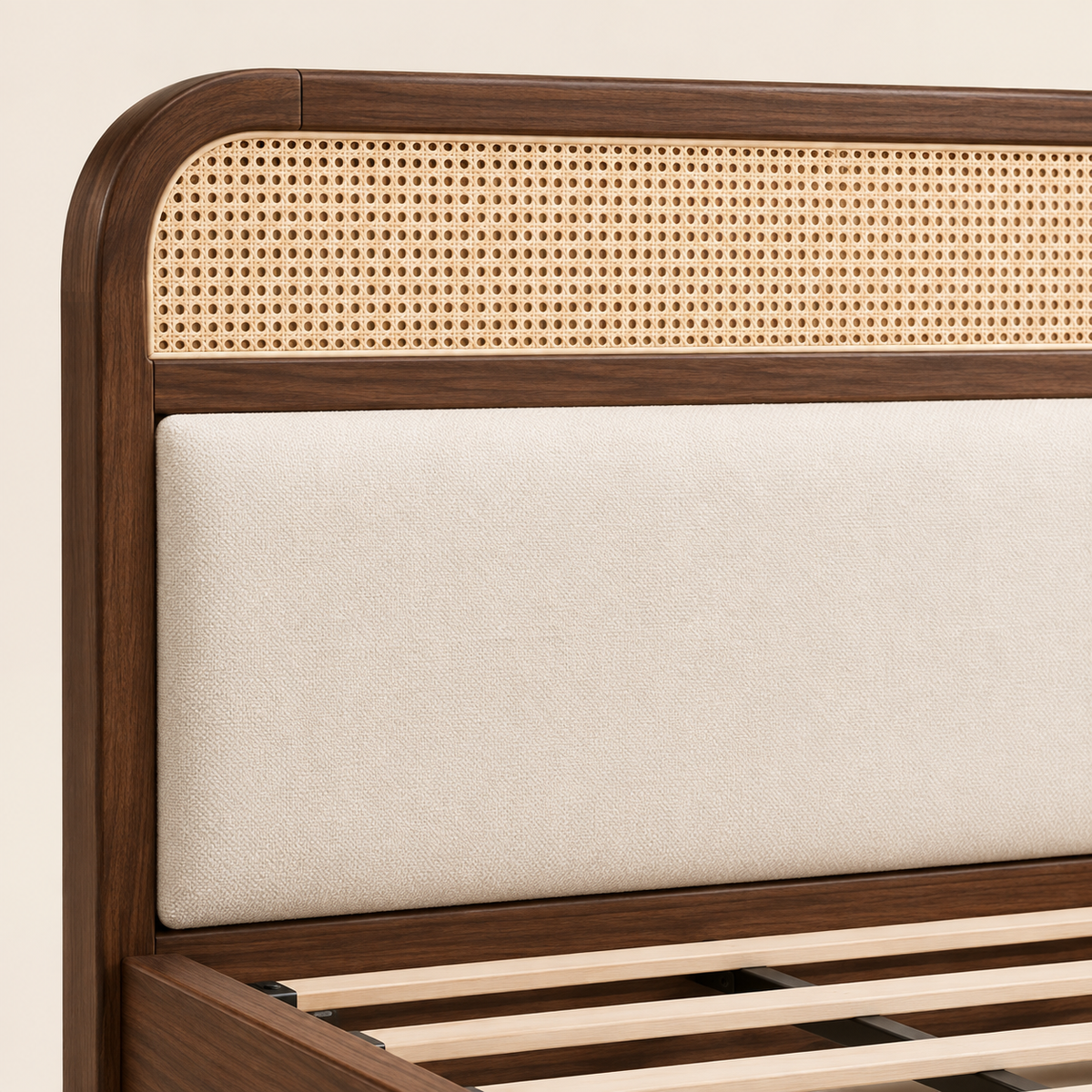 Minimal Panel Wooden Bed in teak wood — close-up of headboard