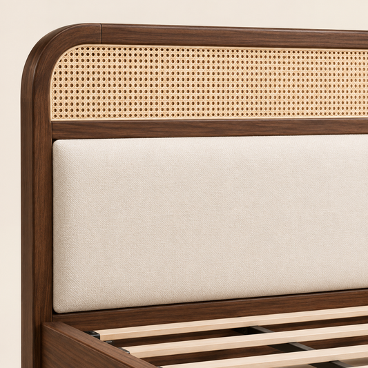 Minimal Panel Wooden Bed in teak wood — close-up of headboard