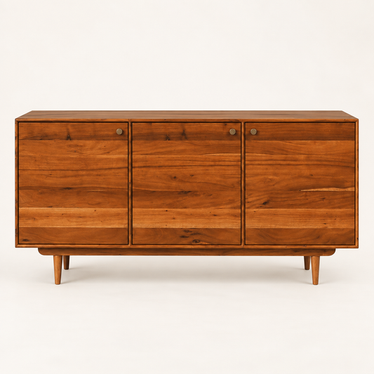 Minimalist Three Door Wooden Sideboard in honey natural finish – front studio view