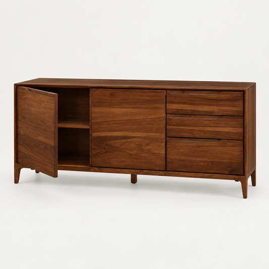 Modern Wooden Sideboard with Three Drawers in dark walnut finish – angled side studio view