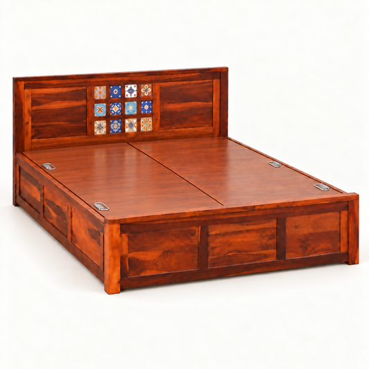 A reddish-brown wooden platform bed frame with a tall headboard featuring a decorative grid of colorful tile-like squares, shown on a plain white background.