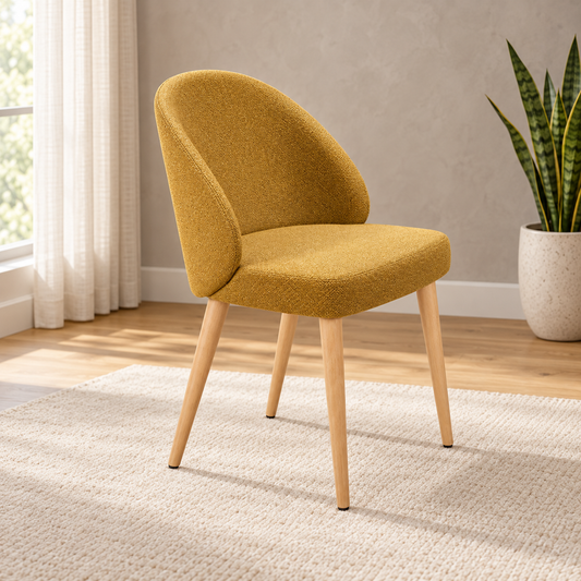 Mustard Upholstered Dining Chair, side view in a styled lifestyle setting.