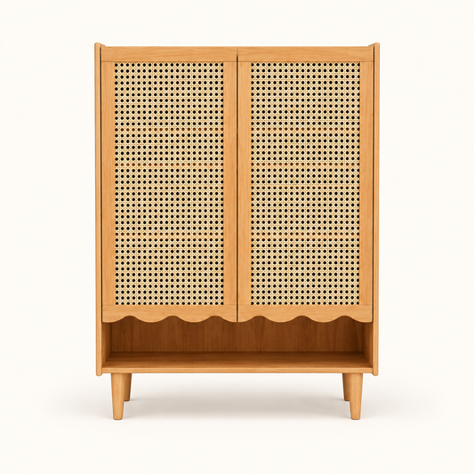 Natural Cane Shoe Cabinet with Open Shelf clean front studio view in natural finish