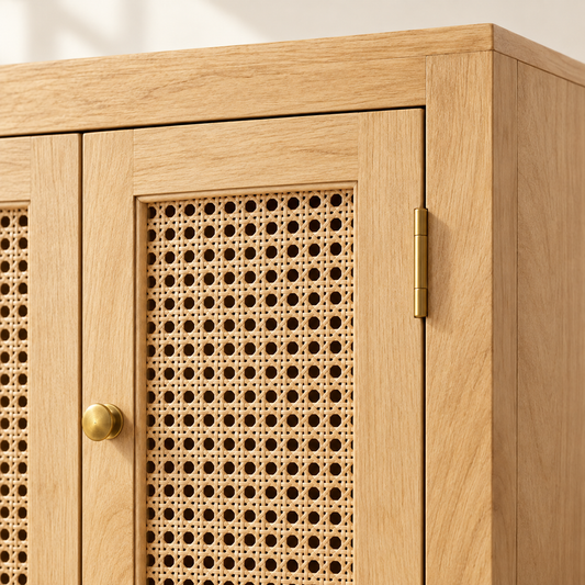 Close-up of natural cane weaving and teak wood bookshelf finish