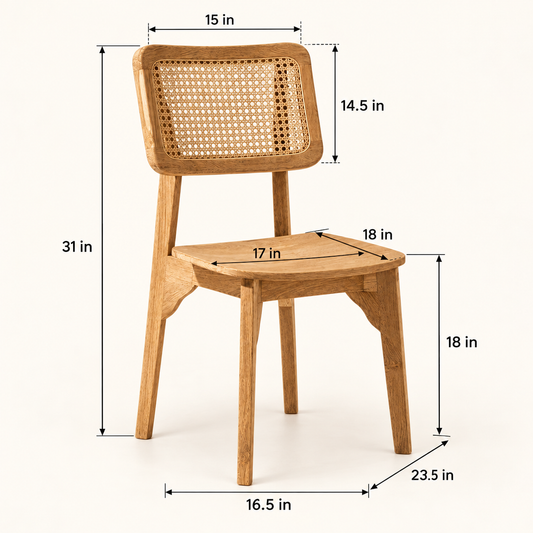 Natural Wood Cane-Back Dining Chair dimension image showing 17 in W Ă— 23.5 in D Ă— 31 in H and 18 in seat height.