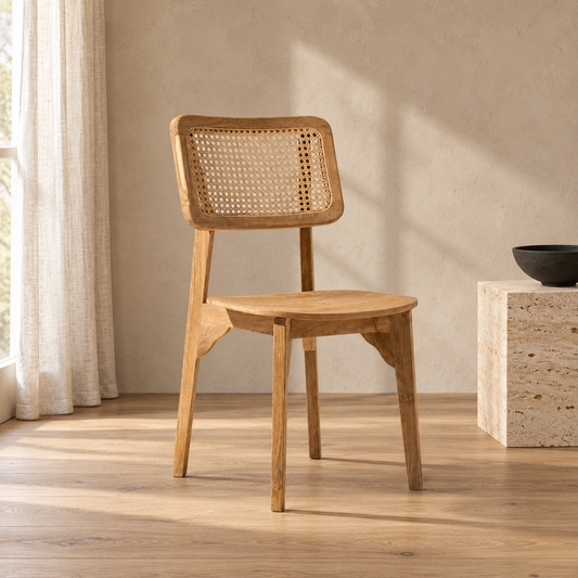 Natural Wood Cane-Back Dining Chair, side view in a styled lifestyle setting.