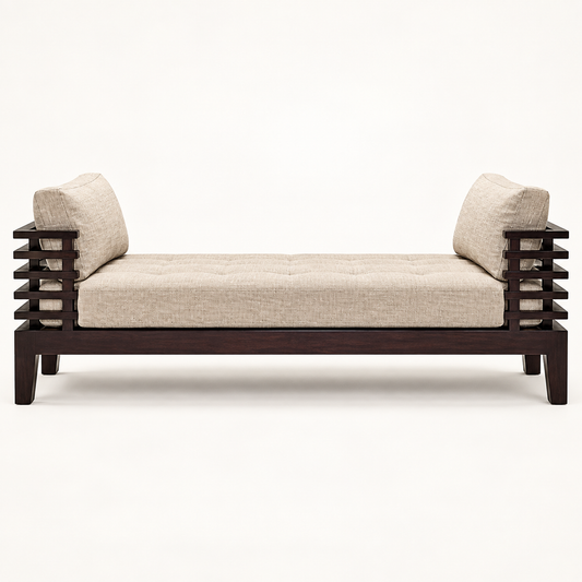 Natural Oatmeal Teak Wood Sofa — front studio view