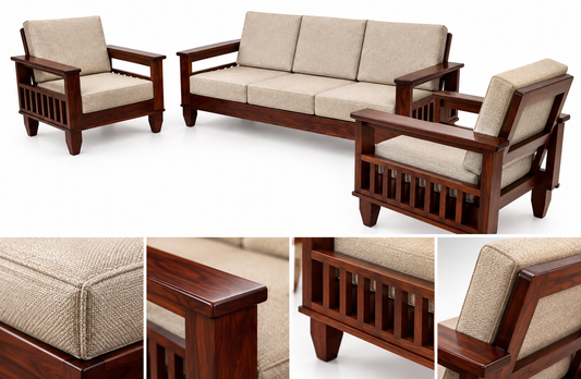 Oatmeal Traditional Teak Wood Sofa Set (3+1+1) material close up view