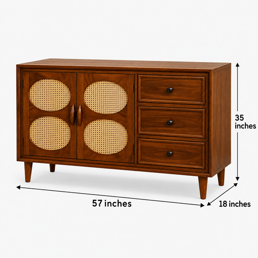 Oval Cane Wooden Sideboard with Three Drawers in walnut brown finish – dimensions 57 × 18 × 35 inches, width × depth × height