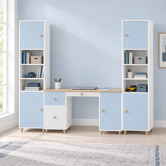 Pastel blue kids study table with bookshelves and storage