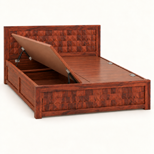 A reddish-brown wooden storage bed frame with a lift-up headboard and footboard, shown open on a white background.