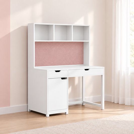 Kids study table with pink pinboard, bookshelf and white finish