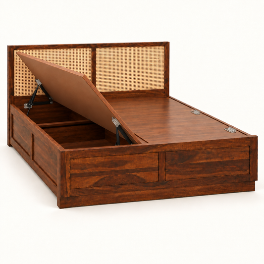A brown wooden storage bed with a lift-up headboard and open storage compartment, featuring woven cane panels on the backrest, shown on a white background.