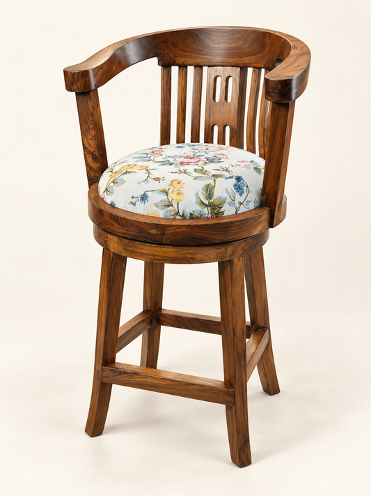 Revolving Teak Wood Bar Stool — side studio view