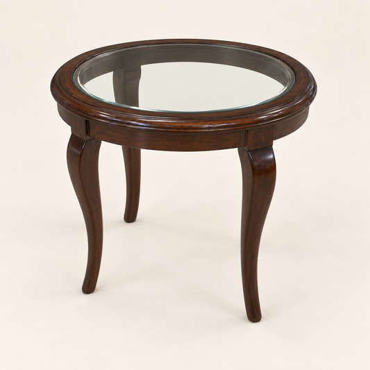 Round Glass-Top Teak Wood Side Table front studio view