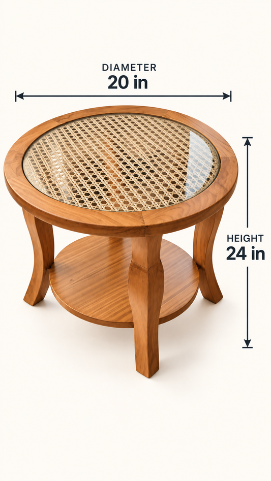 Round Teak and Cane Coffee Table — dimension diagram; 20 in diameter × 24 in H