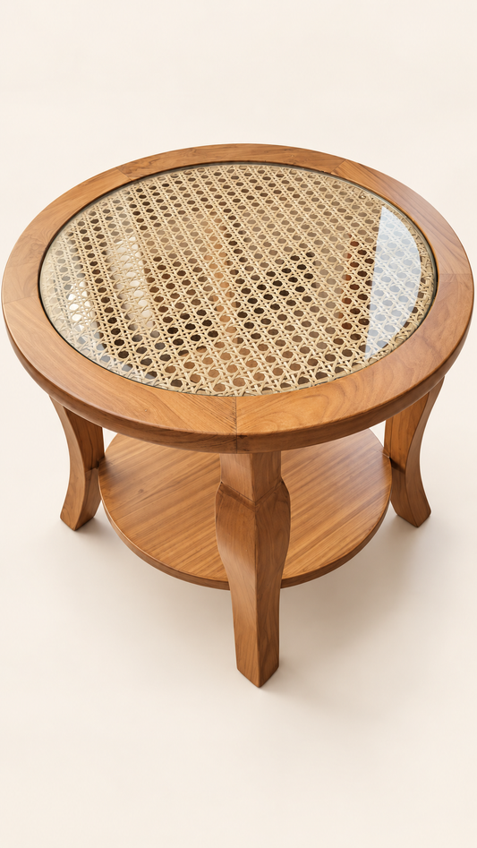 Round Teak and Cane Coffee Table — side studio view