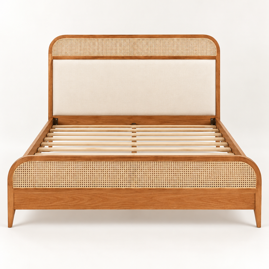 Rounded Cane and Leatherette Bed in teak wood — front studio view of bare frame