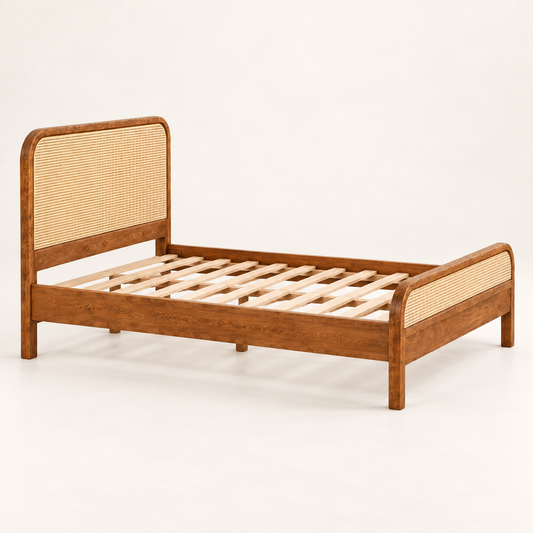 Rounded Cane Wooden Bed in teak wood — side studio view of bare frame