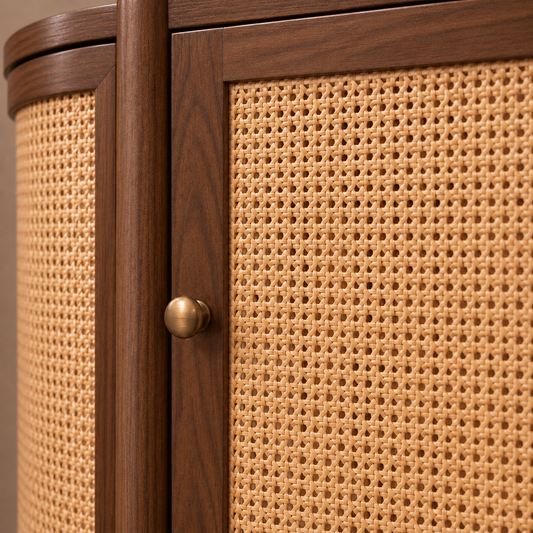 Rounded Cane Wooden Sideboard in walnut brown finish – material and detail close-up