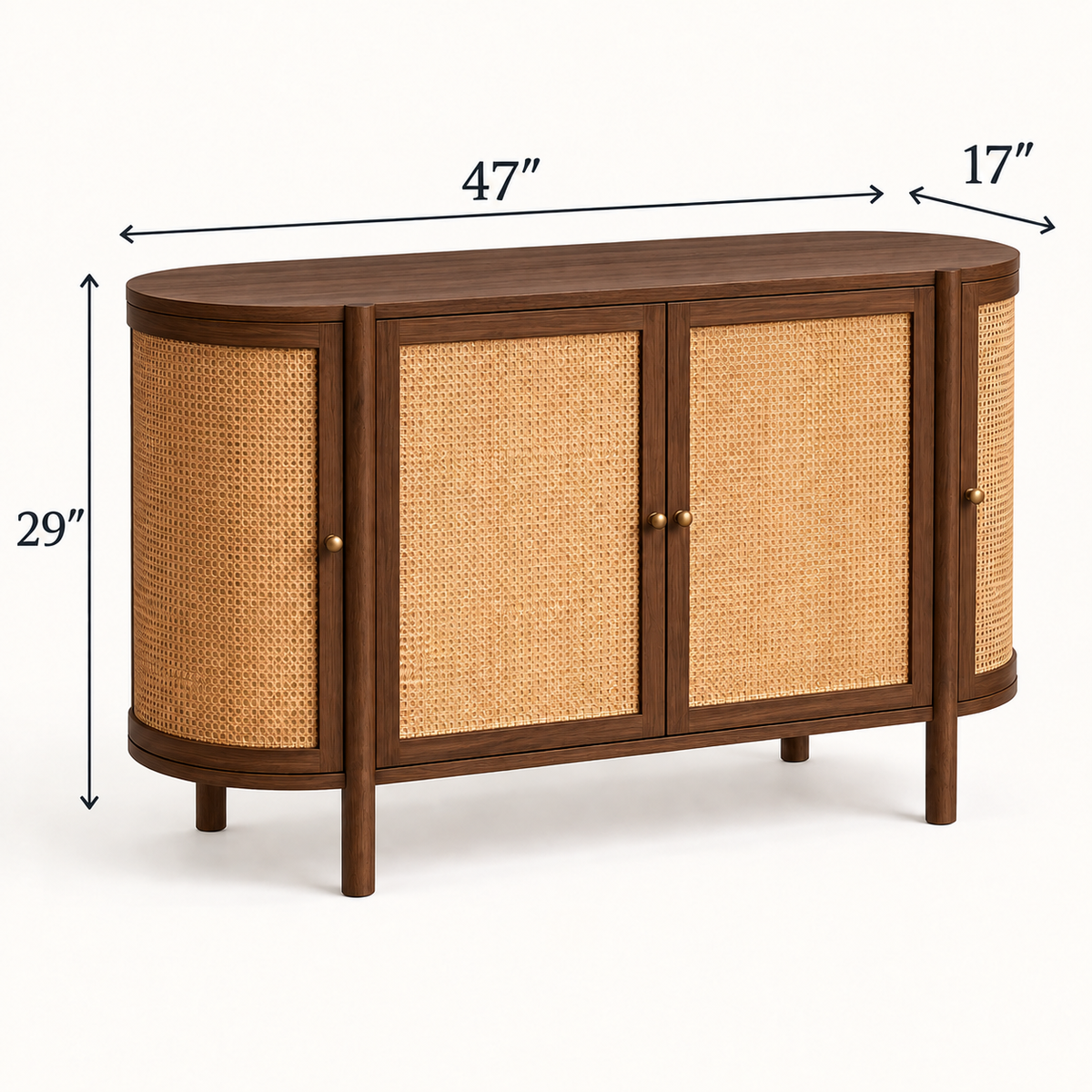 Rounded Cane Wooden Sideboard in walnut brown finish – dimensions 47 × 17 × 29 inches, width × depth × height