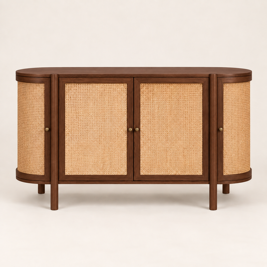 Rounded Cane Wooden Sideboard in walnut brown finish – front studio view