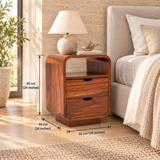 Rounded Bedside Table with Two Drawers dimensions: 50 cm W × 40 cm D × 60 cm H