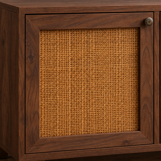 Rustic Cane Wooden Sideboard with Splayed Legs in walnut finish – material and detail close-up
